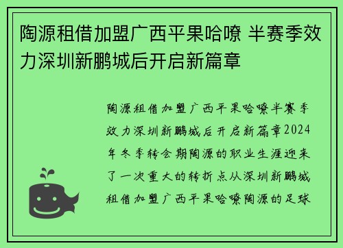 陶源租借加盟广西平果哈嘹 半赛季效力深圳新鹏城后开启新篇章