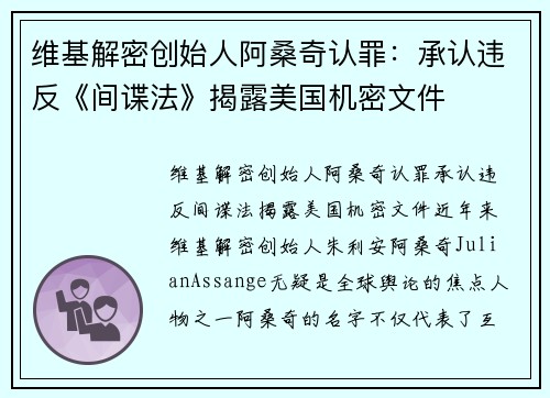 维基解密创始人阿桑奇认罪：承认违反《间谍法》揭露美国机密文件