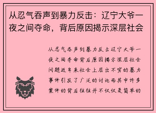 从忍气吞声到暴力反击：辽宁大爷一夜之间夺命，背后原因揭示深层社会问题