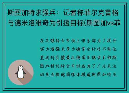 斯图加特求强兵:记者称菲尔克鲁格与德米洛维奇为引援目标(斯图加vs菲尔特)